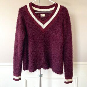 Burgundy Pullover V-Neck Sweater w/White Varsity Stripe on Collar on Cuffs